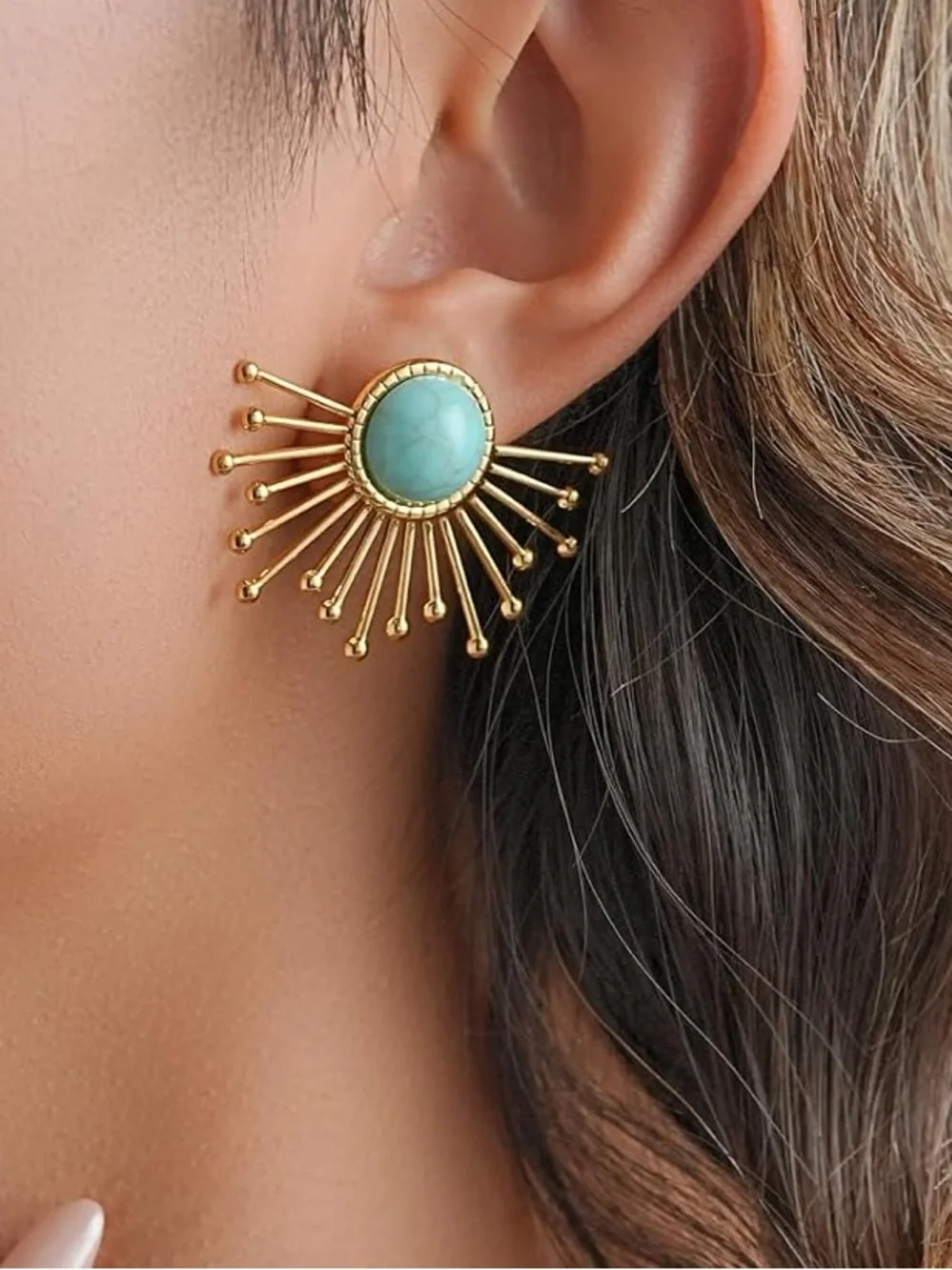 Anthropologie Gold color Sunburst Earrings with Turquoise Center